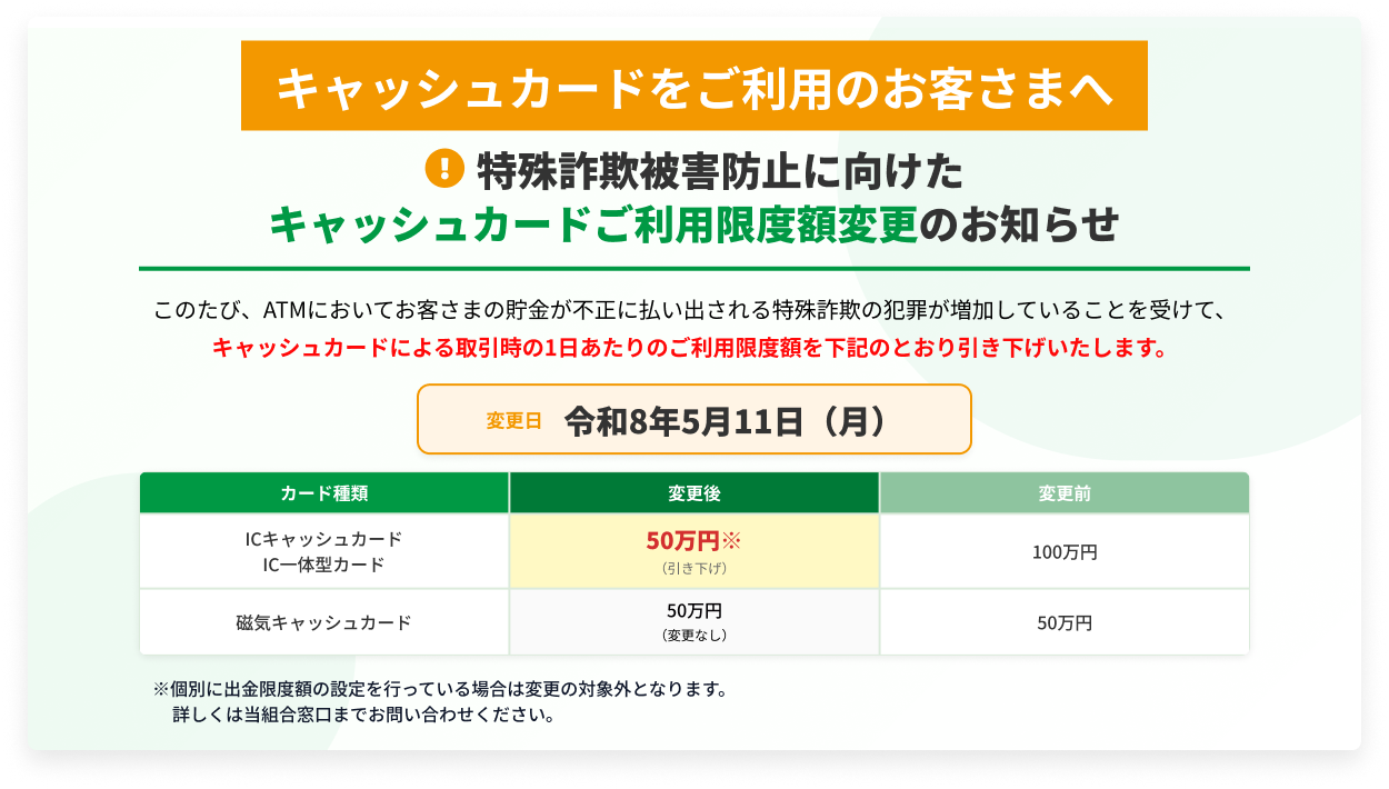 キャッシュカードご利用限度額変更について